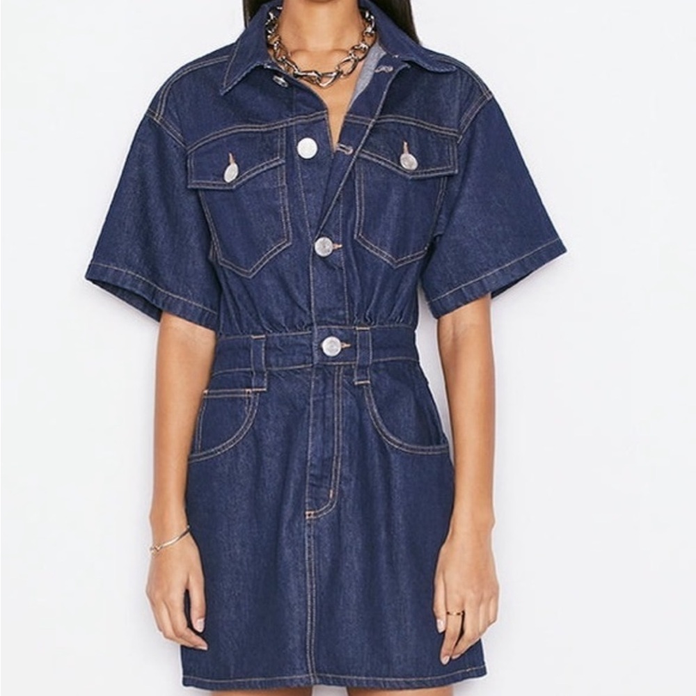 Frame oversized detail big buttons collar mini Denim Dress